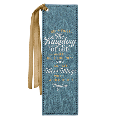 Christian Art Gifts Sparkly Metallic Blue Faux Leather Bookmark for Women: Seek First the Kingdom of God - Matthew 6:33 Inspirational Scripture Bible