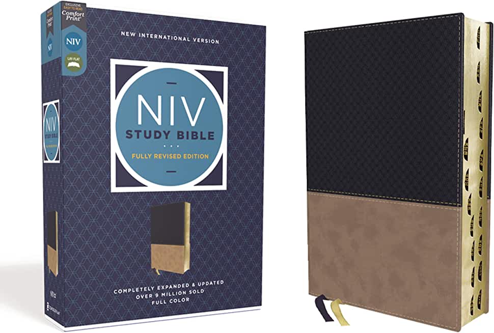 NIV Study Bible, Fully Revised Edition, Leathersoft, Navy/Tan, Red Letter, Thumb Indexed, Comfort Print